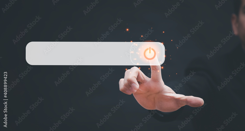 Poster business man is using finger press the icon button in the slide bar to unlocks for activation in the