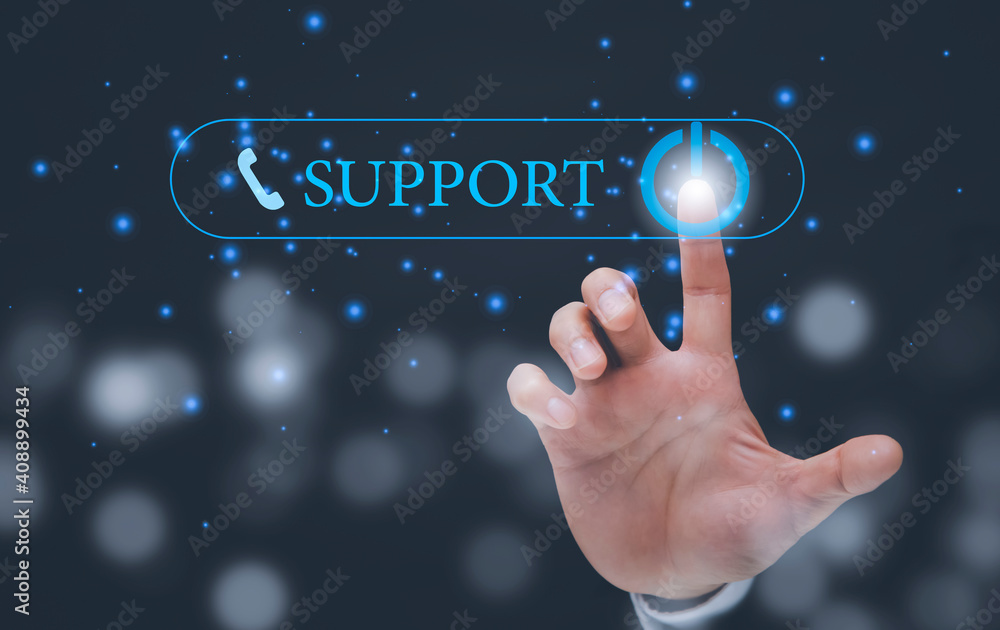 Poster business man press support button on virtual screen in the slide bar to unlocks for activation in th