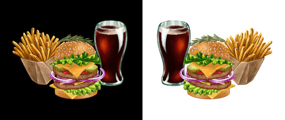 Fast food combo with delicious big burger, cola soda in the glass and french fries hand drawn illustration isolated on white and black background