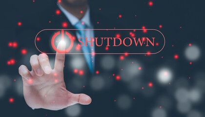 Business man press shutdown button on virtual screen in the slide bar to unlocks For activation in...