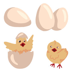 Set of cute chicks and eggs isolated on white. Hand drawn vector stock illustrations. Colored cartoon doodles. Drawings of spring animals. Elements for easter design, postcard, print, stickers etc.