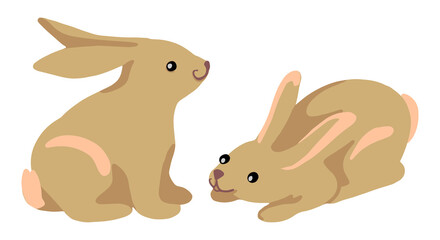 Set of cute rabbits isolated on white. Hand drawn vector stock illustrations. Colored cartoon doodles. Drawings of bunny, hare, spring animals. Elements for easter design, postcard, print, stickers.