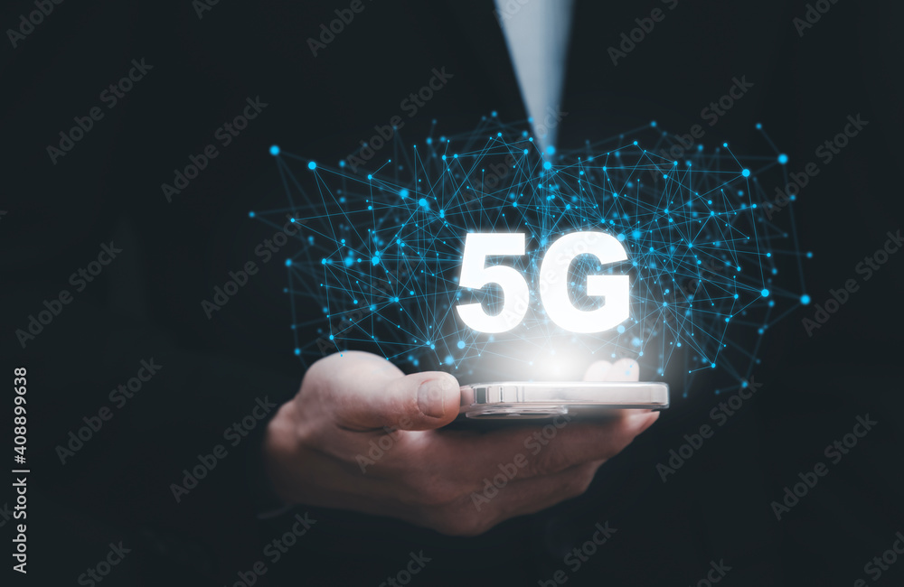Poster business pressing on smart phone technology 5g of mobile telecommunication network in europe for hig