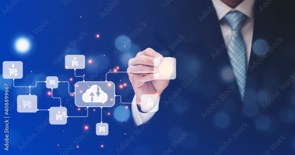 Poster businessman touching connect to data information on the cloud icon computing network., backup storag