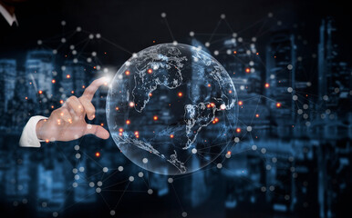 Businessman hand touching global network and data exchanges over the world 3D rendering,Technology Process System Business, artificial intelligence technology, innovation and futuristic. concept