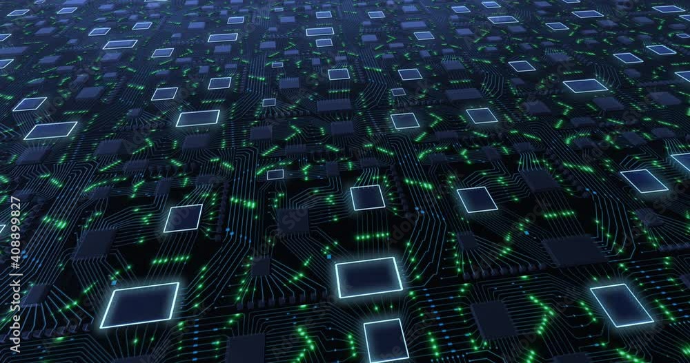 Poster abstract technology concept with moving lights and imitation of a printed circuit board on a green b