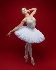 attractive ballerina poses gracefully in the studio on a red background © Vadzim