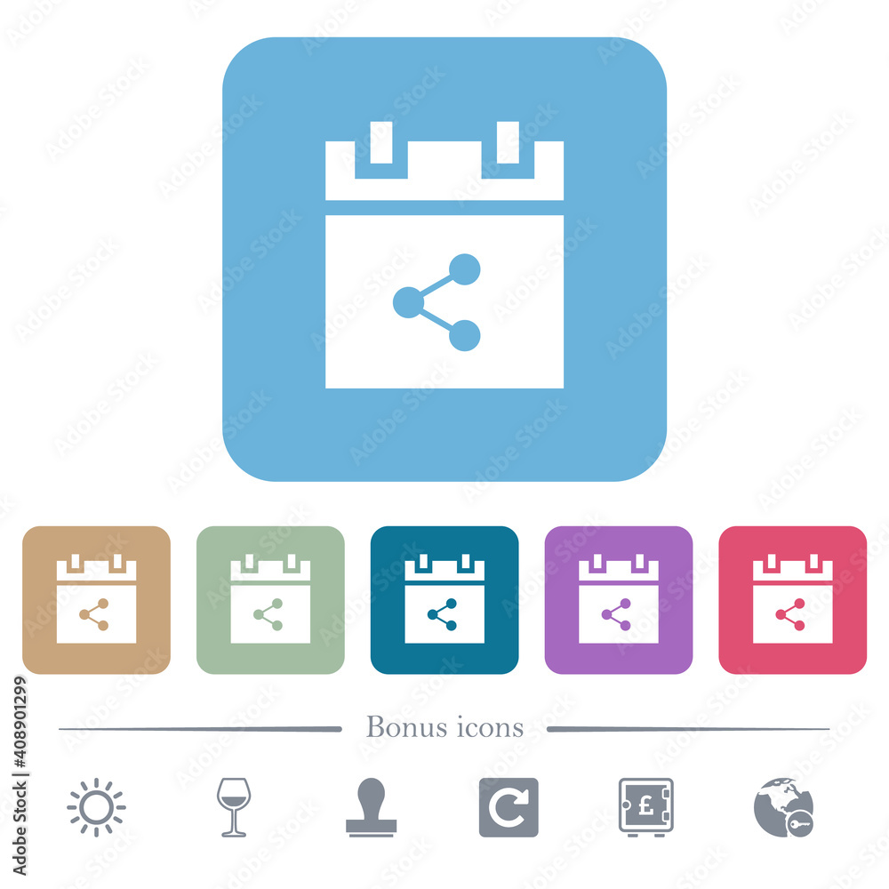 Aufkleber share schedule item flat icons on color rounded square backgrounds