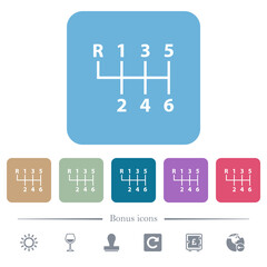 Six speed manual gear shift flat icons on color rounded square backgrounds