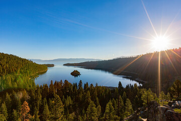 Sun rise view of the Lake Tahoe, Emerald Bay and Fannette Island