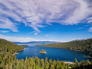 Sunny view of the Lake Tahoe, Emerald Bay and Fannette Island