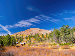 Sunny view with beautiful fall color along the Hope Valley in Lake Tahoe area