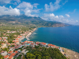 Fototapeta na wymiar Aerial scenic view over the seaside village Agios Nikolaos and the picturesque old port near Kardamyli, Peloponnese