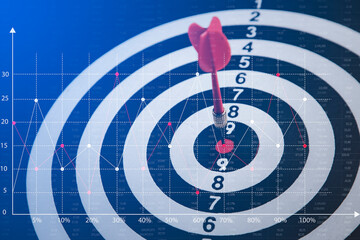 New Target and goal as concept, Close up shot of the dart arrow hit on bullseye, red dart arrow...