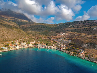 Naklejka premium Iconic aerial view over the picturesque famous Limeni village in Mani area Laconia, Greece