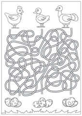 Maze for kids. Kids game and coloring. Children worksheet with cute cartoon chicken, turkey and duck. Activity page. Educational riddle. Vector illustration.