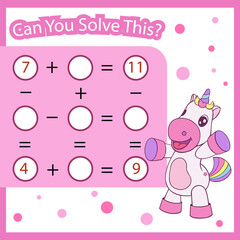 Kids game with cute cartoon unicorn. Children educational worksheet. Mathematic task. Kids riddle for lesson. Vector illustration