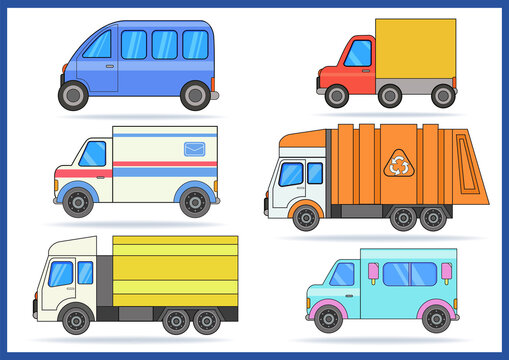 Set vector cars and trucks, vehicles. Isolated transport collection. Delivery, mail and garbage trucks. Transportation illustration.