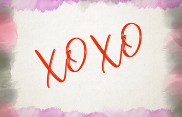 Illustration with a background of watercolor brush strokes with the word XoXo in red.