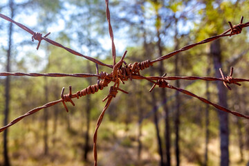 Old and rusty barbed fence closes the path to a country road.