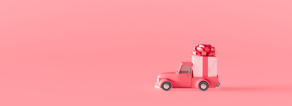 Cute Red Car Carrying Gift on pink background 3d render 3d illustration