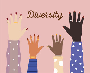 diversity hands with colored nails in pink background