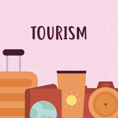 tourism lettering and bundle of travel icons