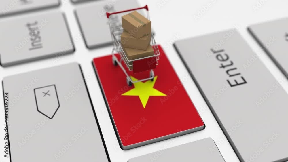 Poster computer keyboard key with flag of vietnam and shopping cart with cartons, looping online shopping c