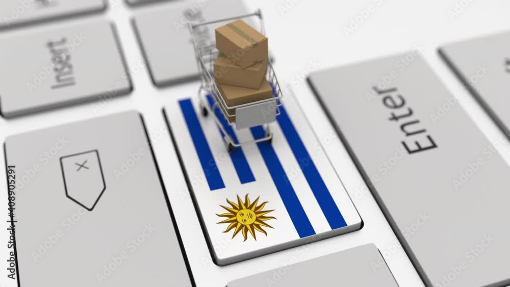 Poster computer keyboard key with flag of uruguay and shopping cart with cartons, looping online shopping c
