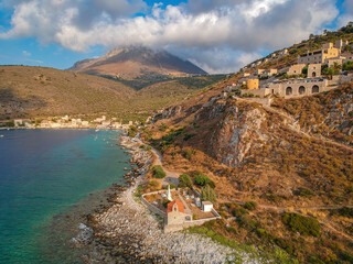 Iconic aerial view over the picturesque famous Limeni village in Mani area Laconia, Greece
