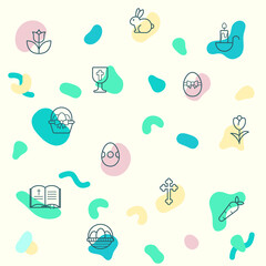 Seamless pattern on the theme of easter, christianity, eggs, religion, bunny, gifts, spring, rabbit, celebration, decoration and more. simple color icons on beige background.