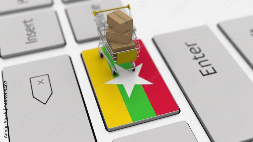 Poster key with flag of myanmar and shopping cart with boxes, looping internet business related 3d animatio