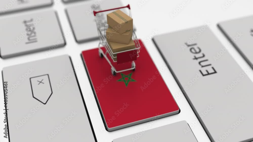 Poster computer keyboard key with flag of morocco and shopping cart with cartons, looping online shopping c