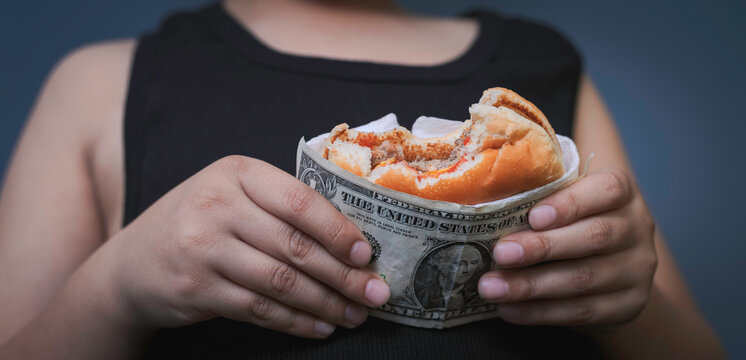 Ni&ntilde;o sosteniendo co sus manos una hamburguesa cubierta con una billete de d&oacute;lar.
