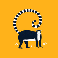 Ring tailed lemur hand drawn vector illustration. Adorable primate, exotic animal cartoon character. Cute tropical macaco isolated on yellow background. Childish t shirt print design - obrazy, fototapety, plakaty