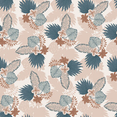 Tender seamless pattern with blue and orange tropical leaves and flowers bouquets. Botanical texture for textile, wrapping paper, surface, wallpaper