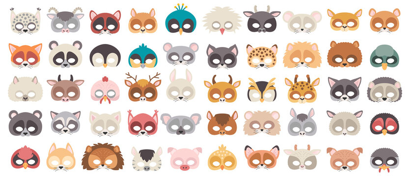 Set of photo booth props masks of wild and domestic animals. great for party and birthday. vector illustration. Vector illustration