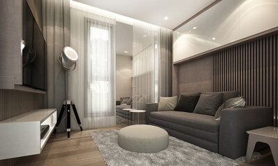 Modern living room interior, Television wall, small room, retro lamp, mock up furniture, 3d rendering