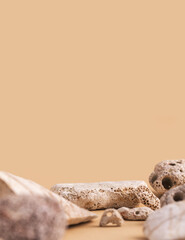 Stone podium for cosmetic, products, cream or perfumes mockup on beige background.
