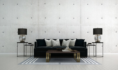 The mock up room interior design of loft living room and empty concrete wall pattern background, 3d rendering