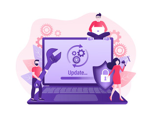 Cartoon software update people for mobile app design. Isometric vector illustration. Mobile application design. Technology network vector illustration.