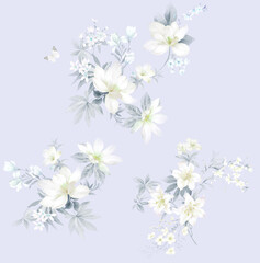 Flowers watercolor illustration.Manual composition.Big Set watercolor elements，Design for textile, wallpapers，Element for design,Greeting card