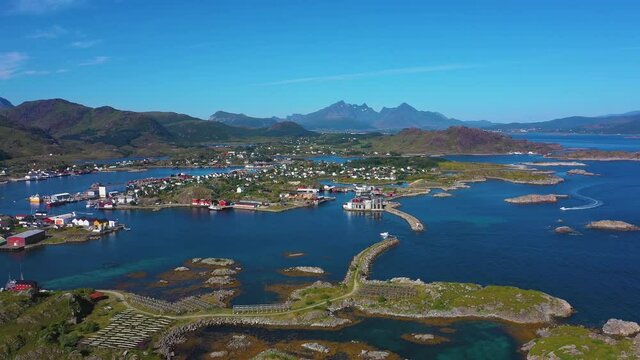 Drone Wide View of Ballstad Working Town Harbour, Norway with Summer Blue Skies