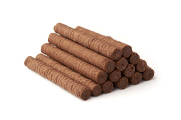 Brown crispy waffle sticks with cream isolated on white background