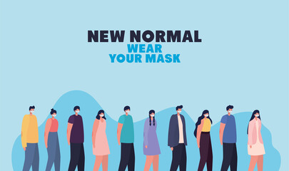 new normal wear your mask lettering and set of casual people with safety mask
