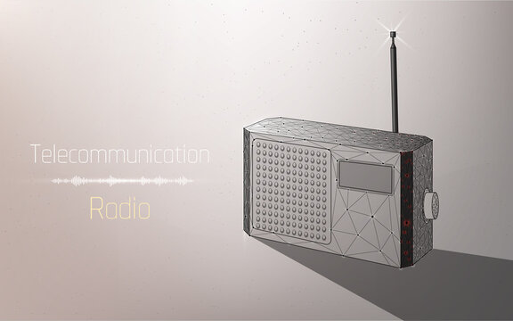 Retro Old radio. Realistic 3d illustration of radio receiver. Vector isolated.Radio translation. Radio antenna. Radio-wave. wireframe,dots, white  background,low poly,plexsus,isolated,eps 10
