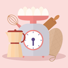 set of kitchenware icons over a pink background