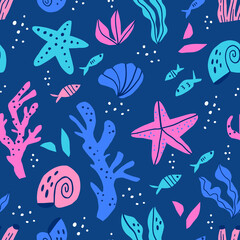 Sea flora and fauna flat vector seamless pattern. Ocean nature, sealife cartoon texture. Underwater animals and plants decorative background. Aquatic wallpaper, wrapping paper, textile design