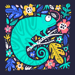 Cute little chameleo hand drawn flat illustration. Adorable reptile sitting on branch cartoon character. Funny chameleon in floral frame isolated on dark background. Childish t shirt print design