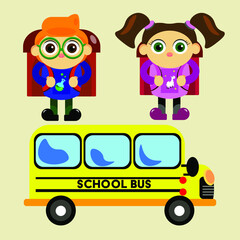 School children with school bus. Boy and girl. Small school set. 